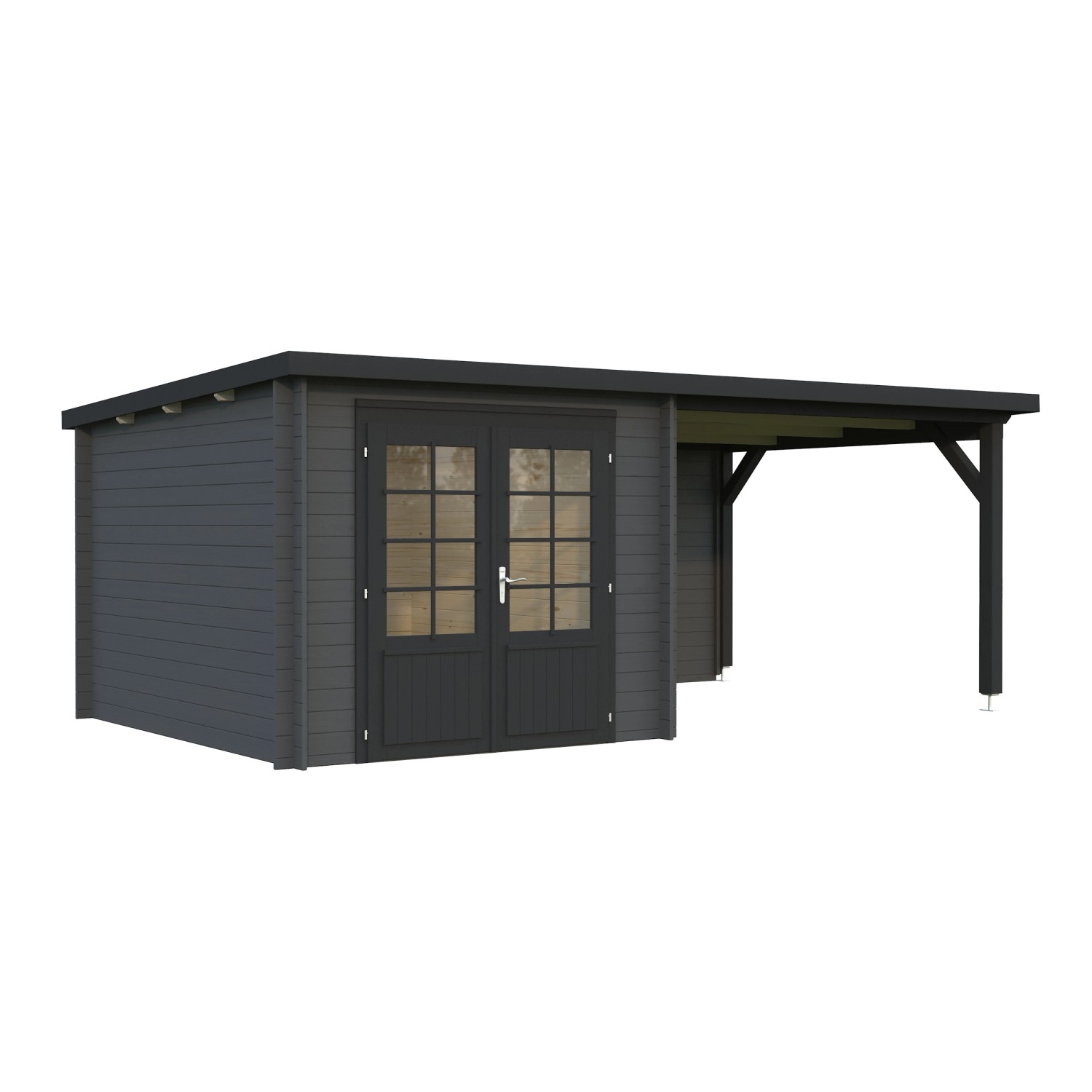Palmako Gartenhaus Ella, 530x300 cm, grau-anthrazit, mit Seitendach. Holz-Gartenhaus mit Doppeltür.