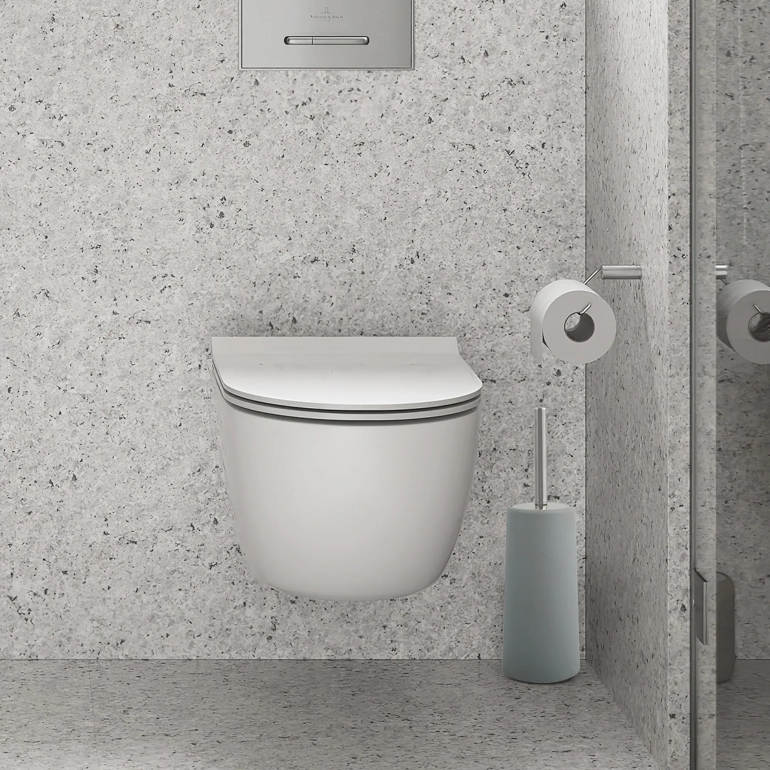 Graue MSV WC-Garnitur (Ø 10 cm) mit Bürste und Behälter im modernen Badezimmer.