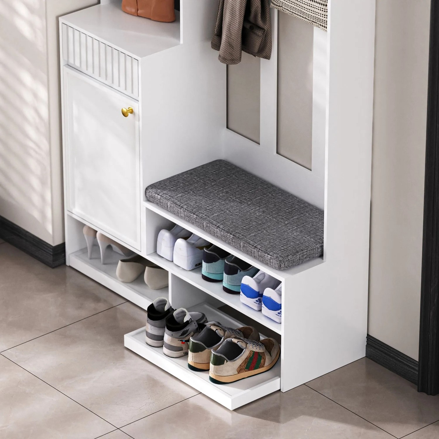 okwish Garderoben Set mit Sitzbank 4 Haken Türen Schubladen 100x180x35cm Weiß_4