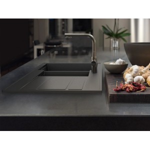 Miló Einbauspüle Luxuria 100 Graphit, Granitspüle mit Doppelbecken und Armatur.