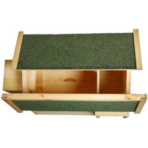 Dobar Igelfutterhaus aus Kiefernholz mit grünem Bitumendach, offene Futterstelle.