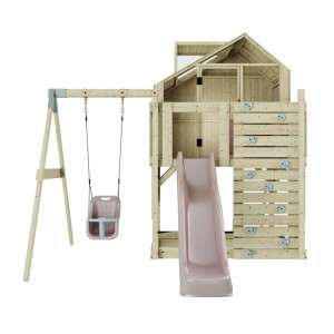 Holz-Spieltürm mit Babyschaukel in Altrosa, Rutsche und Kletterwand.
