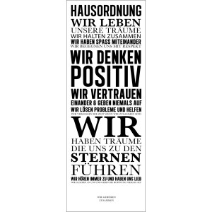 Leinwandbild Hausordnung mit schwarzer Schrift auf weißem Grund, 27x77 cm.