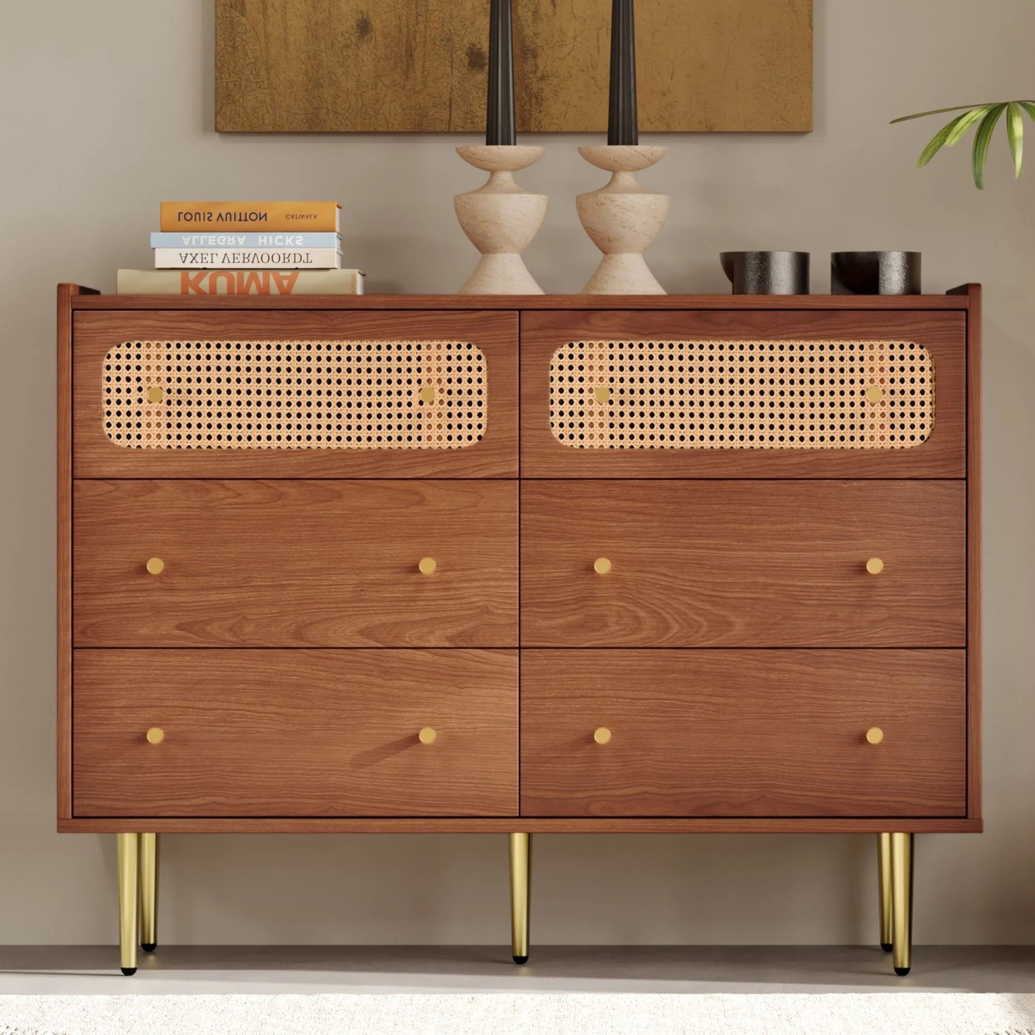 okwish Kommode mit Schubladen Rattan Sideboard Schlafzimmer Wohnzimmer 90x120x40cm Nussbaum_4