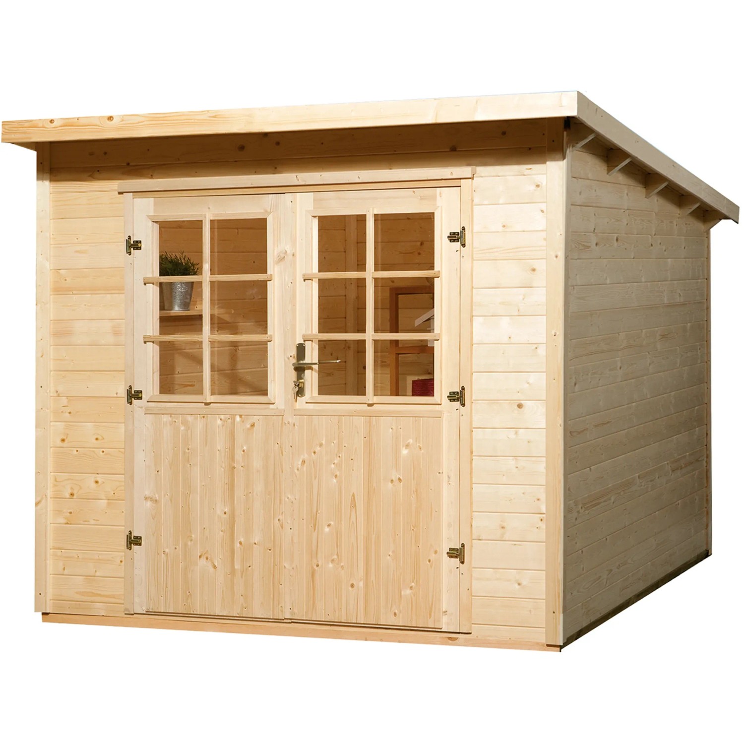 Weka Gartenhaus Taro C aus naturbelassenem Holz mit Doppeltür und Massivholzboden.