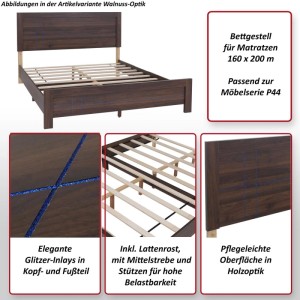 MCW Queen Size Bett mit Lattenrost, 160x200 cm, Walnuss-Optik und Glitzerdetails.