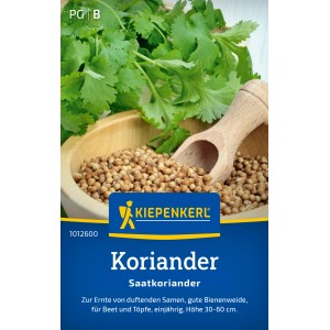 Kiepenkerl Koriander Saatkoriander Samen in Holzschale mit Blättern.