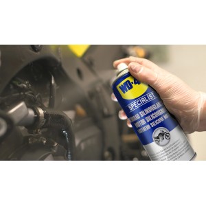 WD-40 Specialist Motorrad Silikonglanzspray in Anwendung für Lackreparatur und Karosseriepflege.