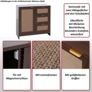 Weiße Kommode mit Leinenfront, 80x80x40 cm, mit 3 Schubladen und 2 Fächern.