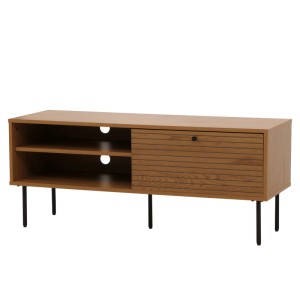Skandinavisches TV-Rack N78 aus Naturholz und schwarzem Metall mit offenen Fächern und gerillter Tür.