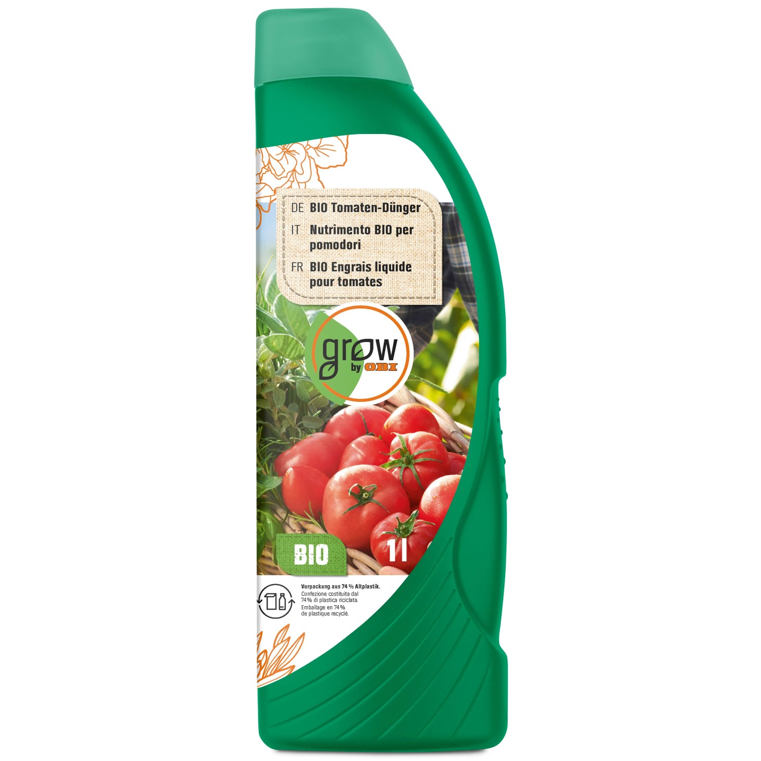 Grüne Flasche GROW by OBI BIO Tomaten-Dünger, 1 Liter, für gesunde Pflanzen.