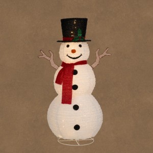 Weißer Luca Lighting LED-Schneemann mit Zylinder und rotem Schal, leuchtet warmweiß. Ideal als Weihnachtsfigur für außen.