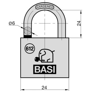 Basi Vorhangschloss 612, 40 mm, Messinggehäuse mit Stahlbügel und 2 Schlüsseln, technische Zeichnung.