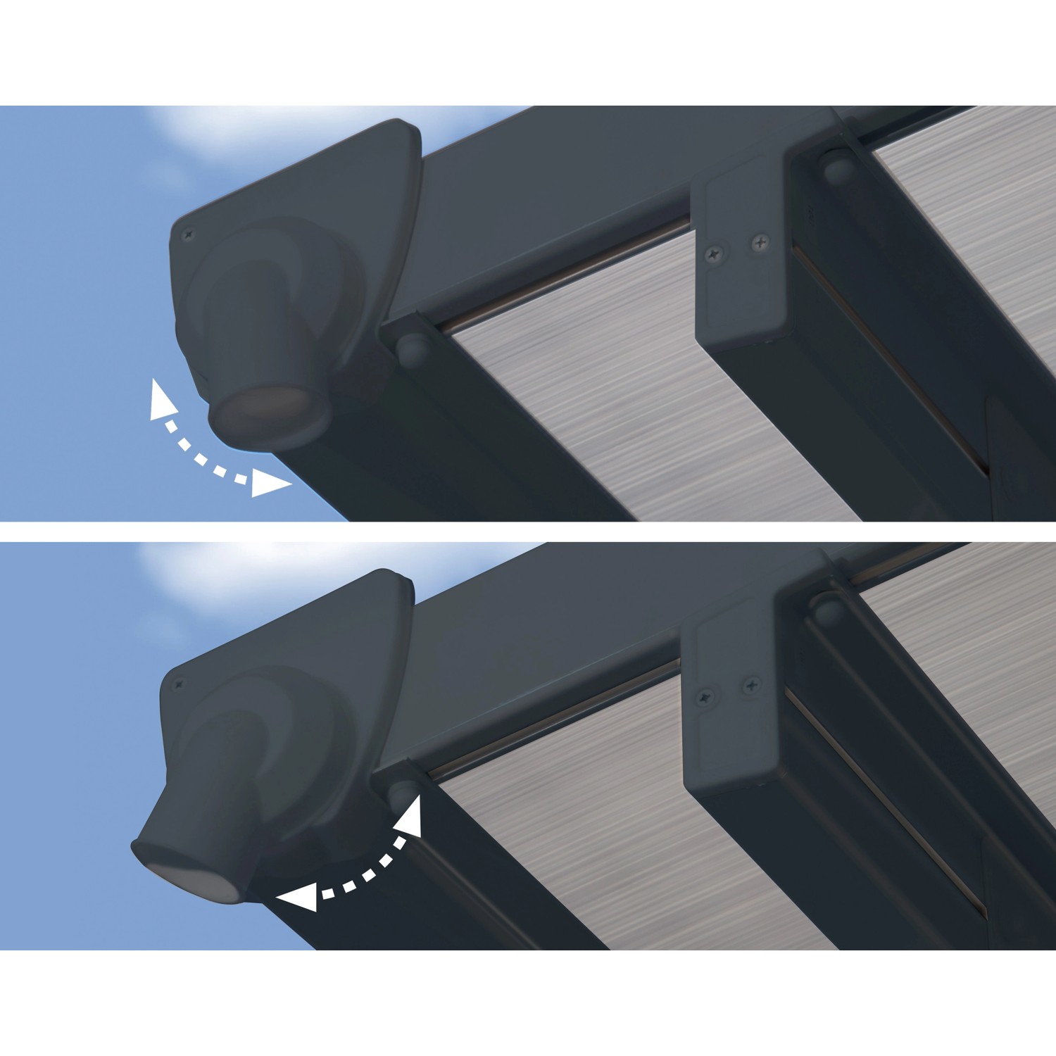 Detailaufnahme: Verstellbare Regenrinne der Palram Canopia Terrassenüberdachung in Anthrazit.