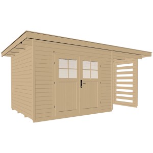 Unbehandeltes Weka Holz-Gartenhaus mit Flachdach und Anbau, Doppeltür. Ideal zur Gartengeräte-Lagerung.