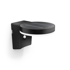 Schwarze, runde Philips Solar-Wandleuchte Zonal mit Bewegungssensor und Solarpanel.