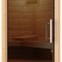 Karibu Sauna Rikka mit Glastür, naturbelassenes Holz, Blick ins Innere mit Liegen.