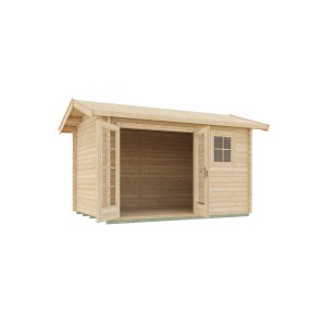 Unbehandeltes Weka Holz-Gartenhaus mit Satteldach, 410x380 cm, mit geöffneten Doppeltüren und Fenster.