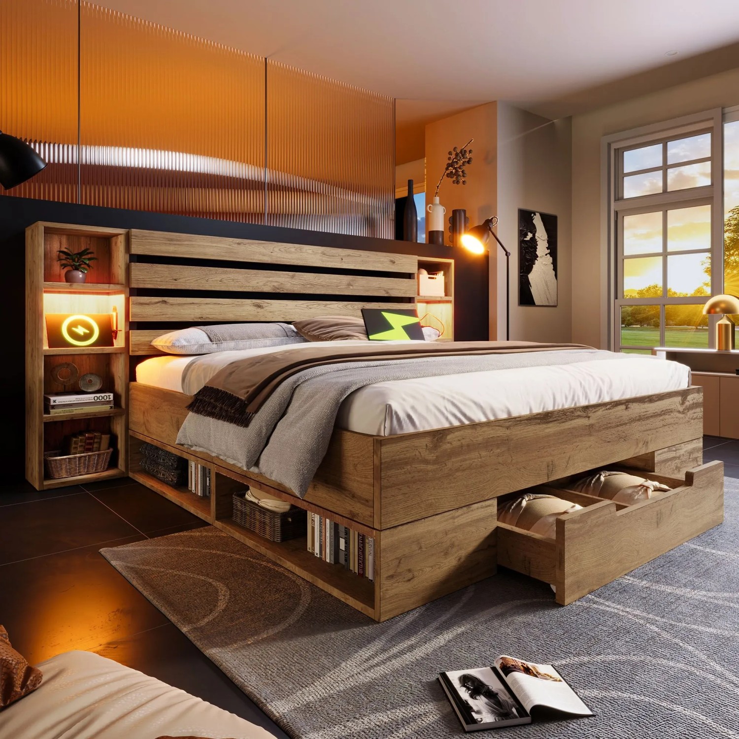okwish Holzbett 160x200cm mit LED USB Stauraum Kopfteil Schlafzimmer Eiche ohne Matratze_4