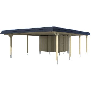 Weißer Skan Holz Doppelcarport Wendland mit Anbau und schwarzer Blende, EPDM-Dach.