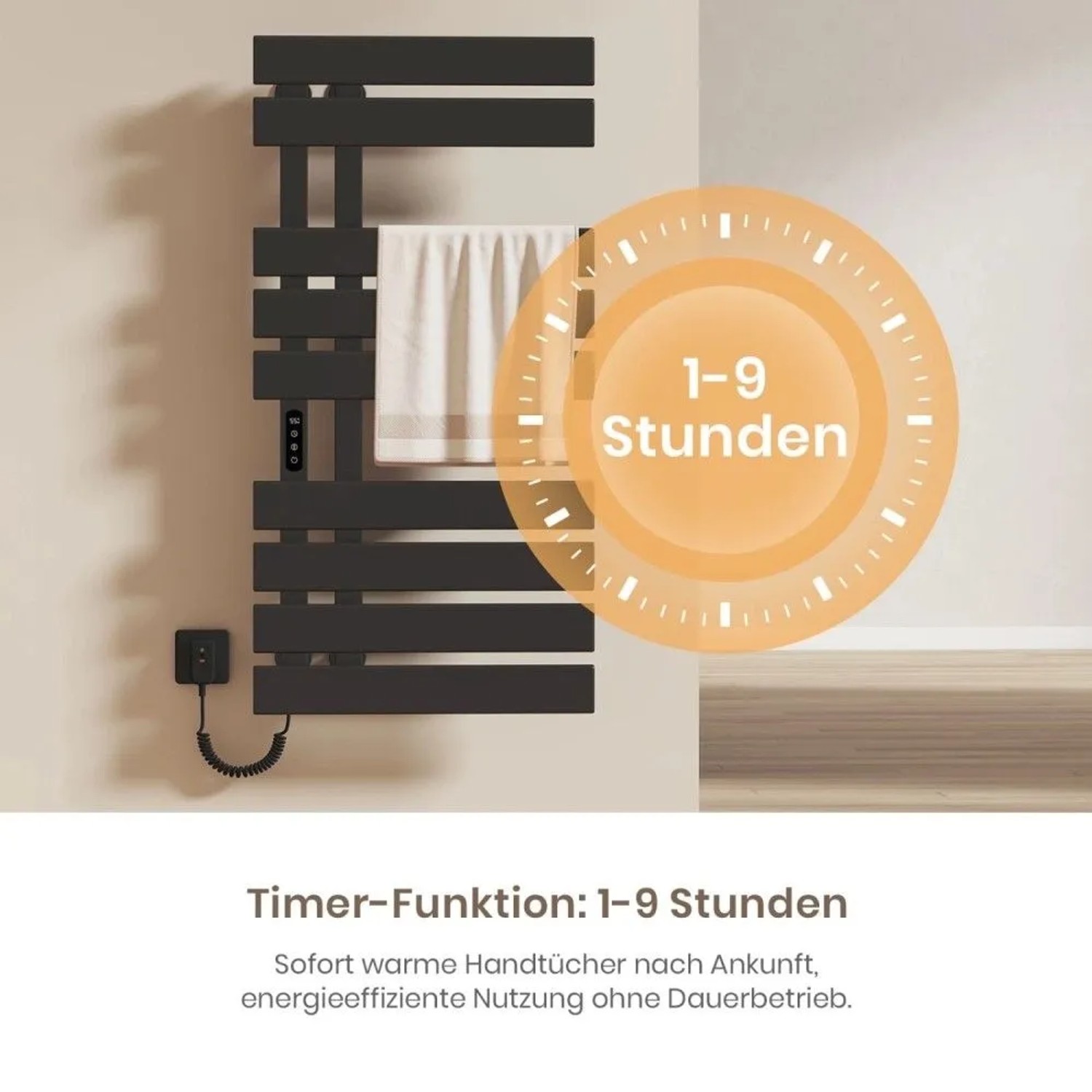 Schwarzer Emke Elektro-Handtuchhalter mit Timer-Funktion für 1-9 Stunden. Flacher Badheizkörper mit Handtuch.