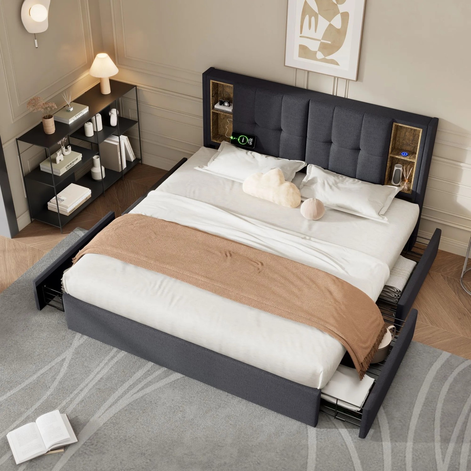 okwish Polsterbett 160x200cm mit USB C Schubladen Schlafzimmer Grau Leinen ohne Matratze_3