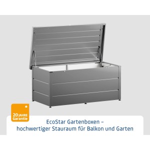EcoStar Gartenbox Elegant, Graualuminium, geöffnet. Wetterfeste Aufbewahrungsbox für Garten & Terrasse.