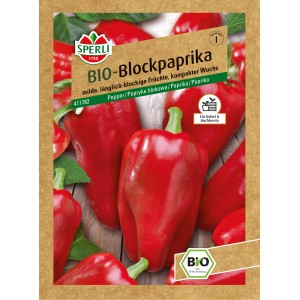 Samenpackung Sperli Bio Blockpaprika mit roten Paprikafrüchten.