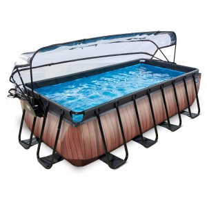 Rechteckiger EXIT Wood Pool in Braun mit Abdeckung und Sandfilterpumpe, 400x200x100 cm.