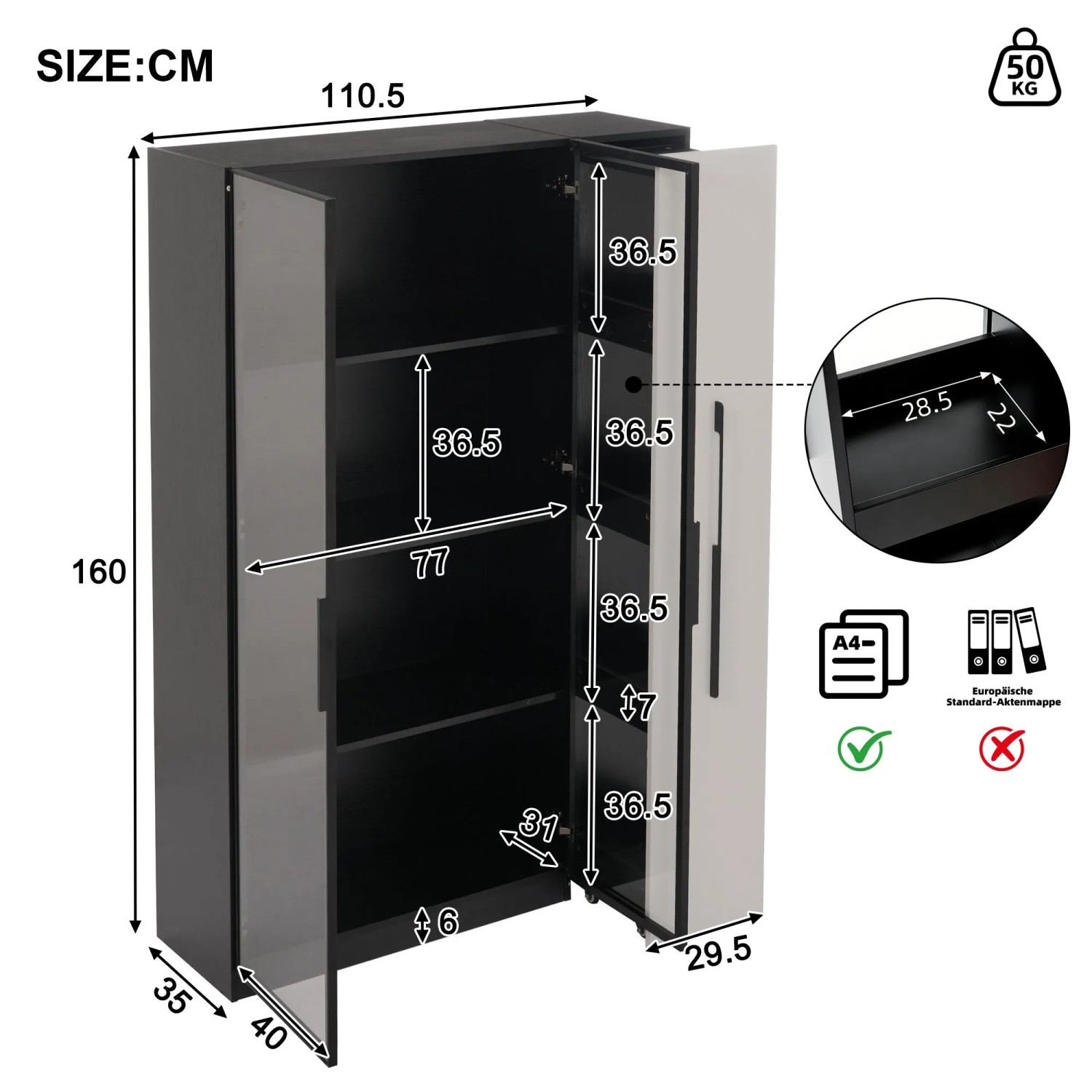 okwish Vitrine mit LED Glastür Rollschrank Esszimmer 110x35x160cm Weiß Schwarz_5