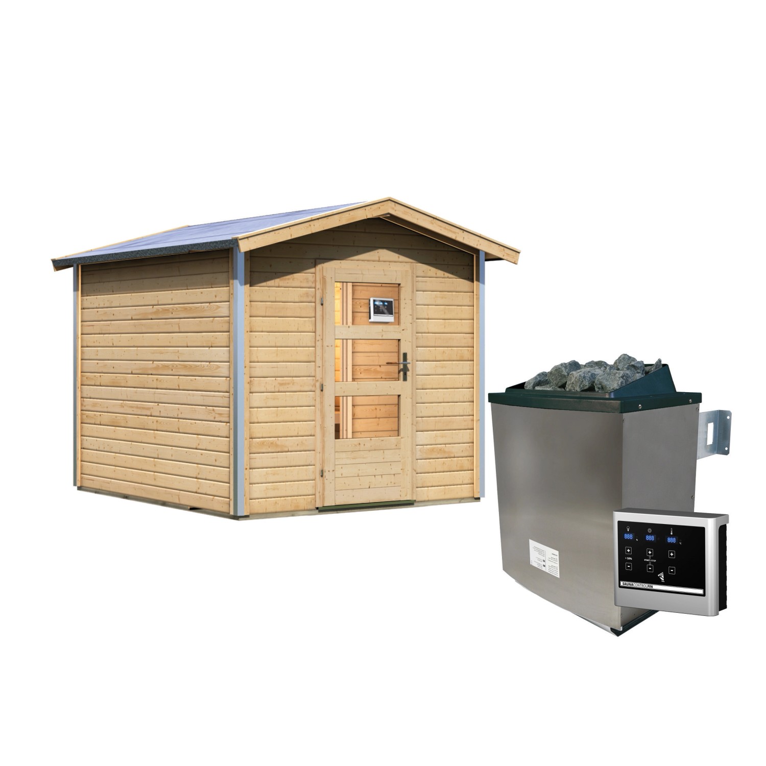 Karibu Saunahaus Espen 1 mit Vorraum, 9kW Ofen und Steuerung Easy. Holzhaus mit Ofen.