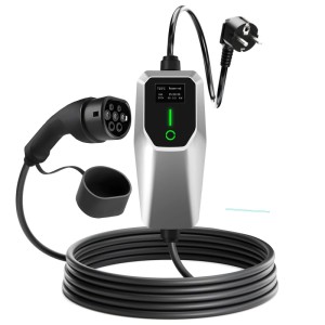 Junsun EV Ladegerät 3.5kW mit 4m Kabel, Typ 2 Stecker und Standard-Stecker. Silberne Steuereinheit mit Display.