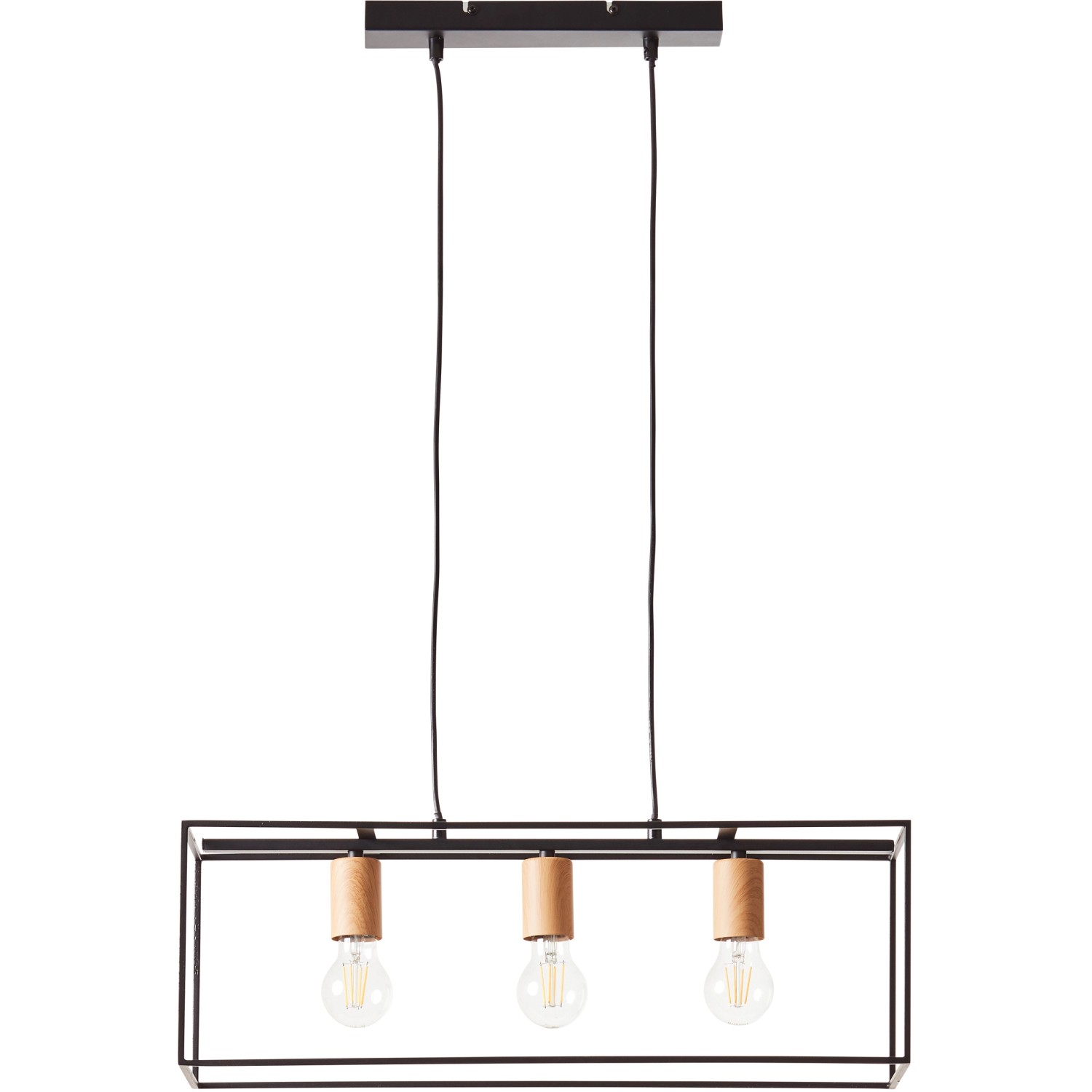 Schwarze 3-flammige Pendelleuchte Arica mit Holzelementen für den Innenbereich.