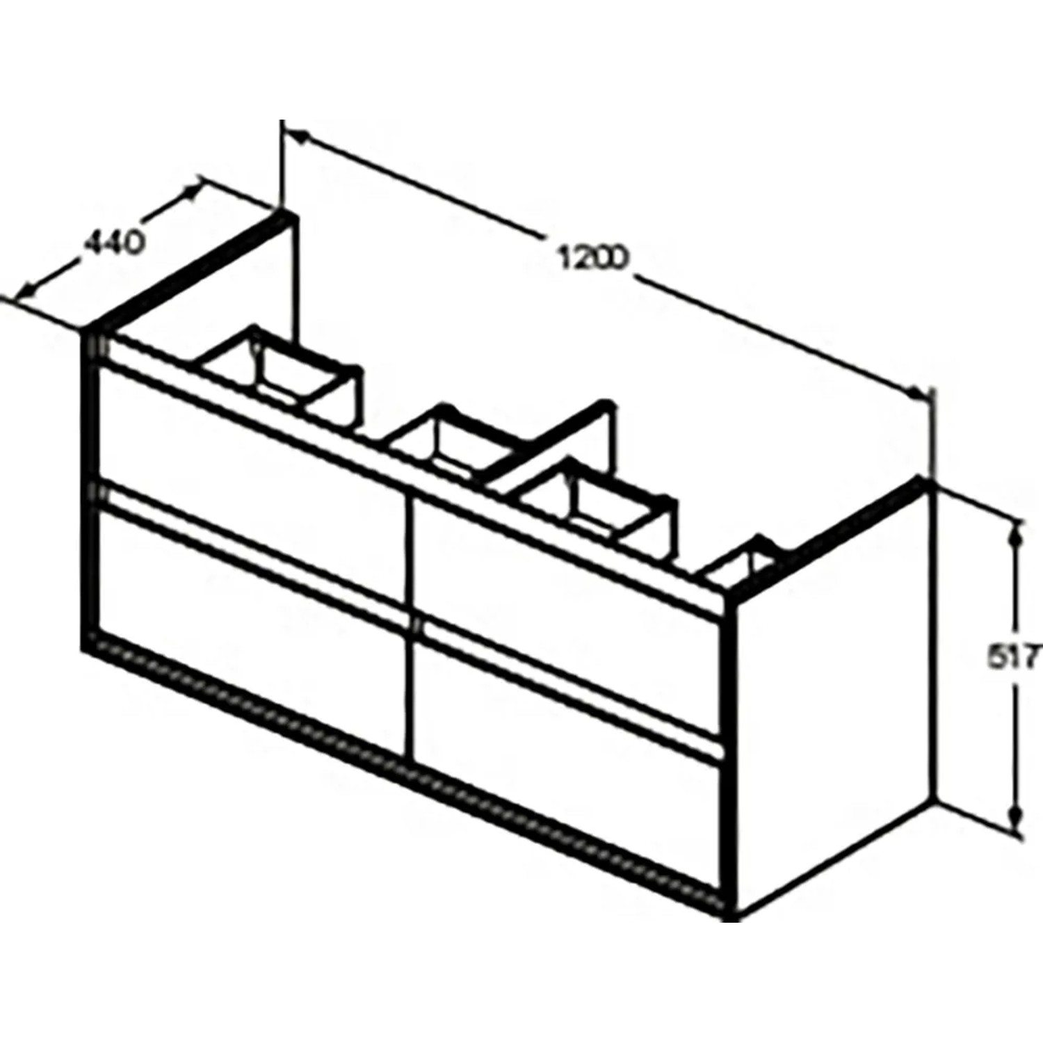 Skizze: Ideal Standard Connect Air Doppel-Waschtischunterschrank, 1200x517mm, 4 Auszüge, weiß.