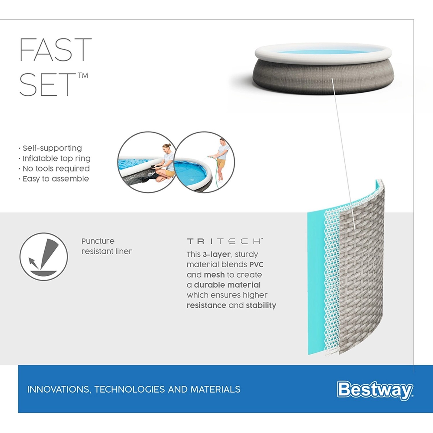 Bestway Fast Set Pool-Set, Ø 457 cm, schiefergrau. Quick-Up Pool mit Luftring und TriTech-Material.
