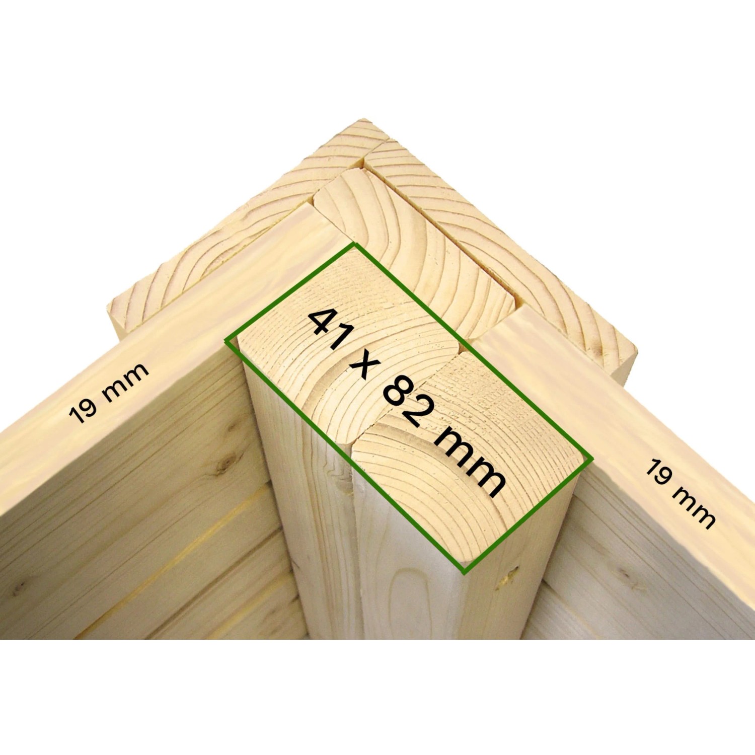 Detailaufnahme Bertilo Gartenhaus Pentus 1: Eckverbindung mit Maßangaben (41 x 82 mm, 19 mm)