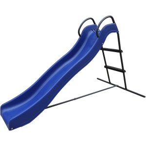 Freistehende blaue AXI Rutsche mit anthrazitfarbenem Stahlgestell und Wasseranschluss.
