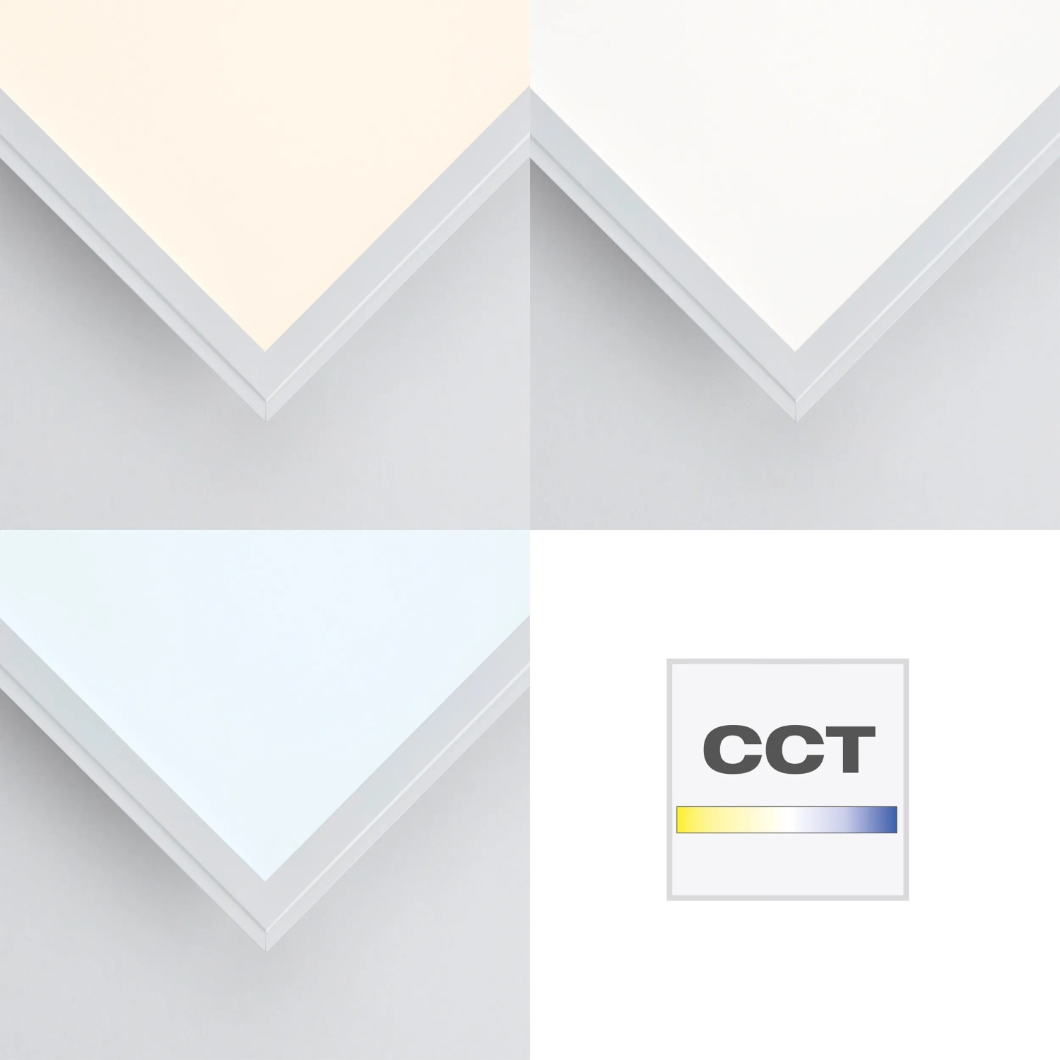 Brilliant LED Panel Allie, 60x60 cm, weiß, mit verschiedenen Lichtfarben und CCT-Symbol.