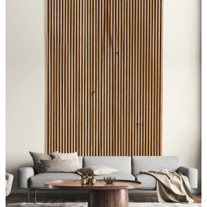 FN Acustico Akustikpaneel Lärche Roh an Wand im Wohnzimmer.