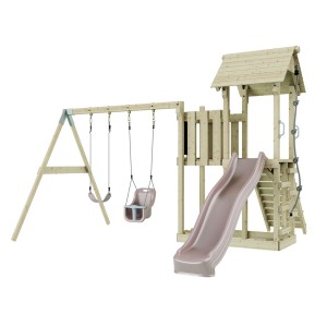 PolarPlay Babyschaukel Uppsala Altrosa mit Spielturm, Rutsche und Schaukel für Kinder.