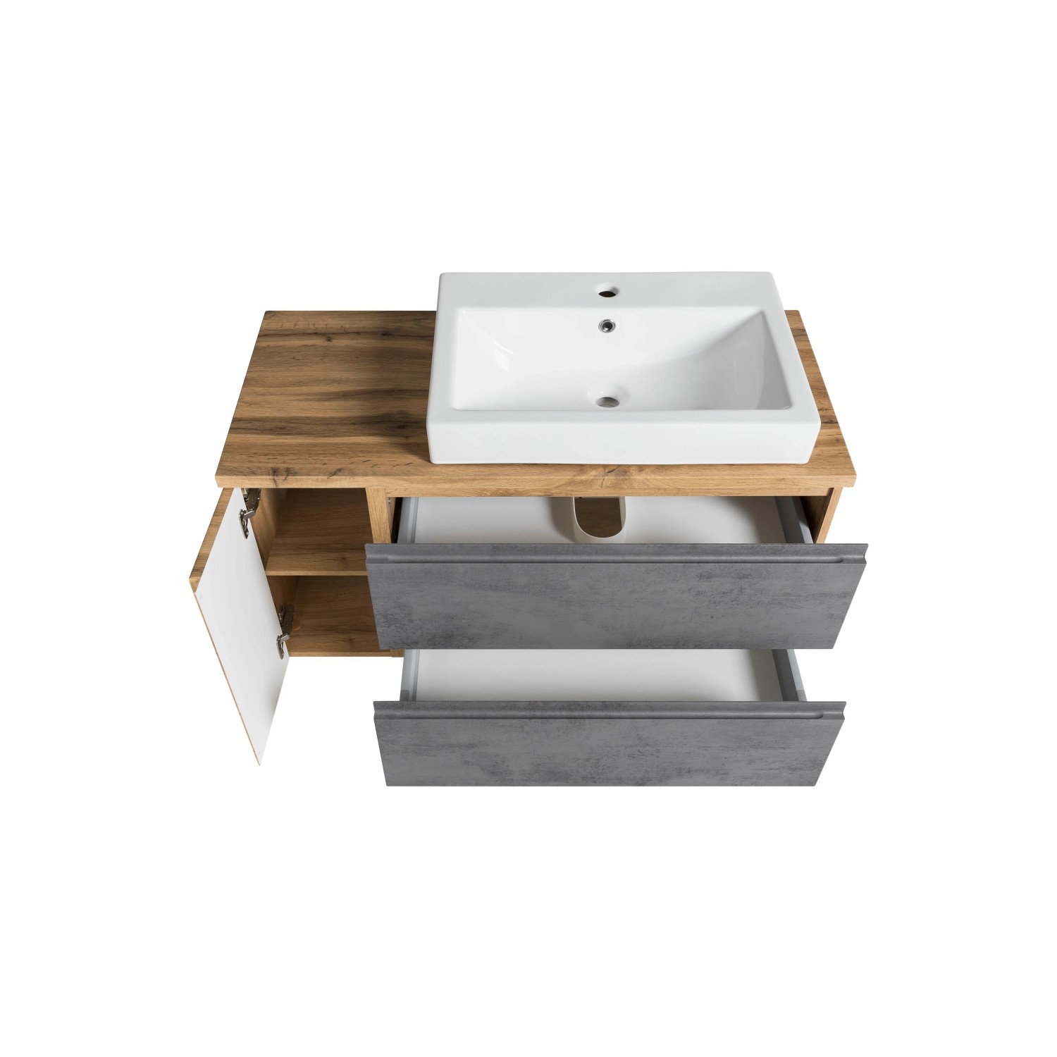 Held Möbel Waschtisch Ancona 105 cm in Betongrau-Wotaneiche mit Becken rechts.