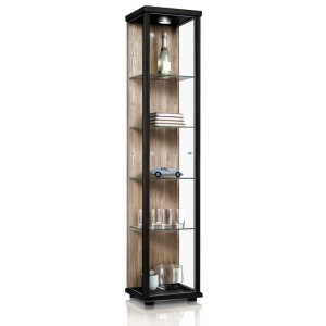 Stehende Glasvitrine in Schwarz & Sonoma Eiche mit LED-Beleuchtung und Glasböden.