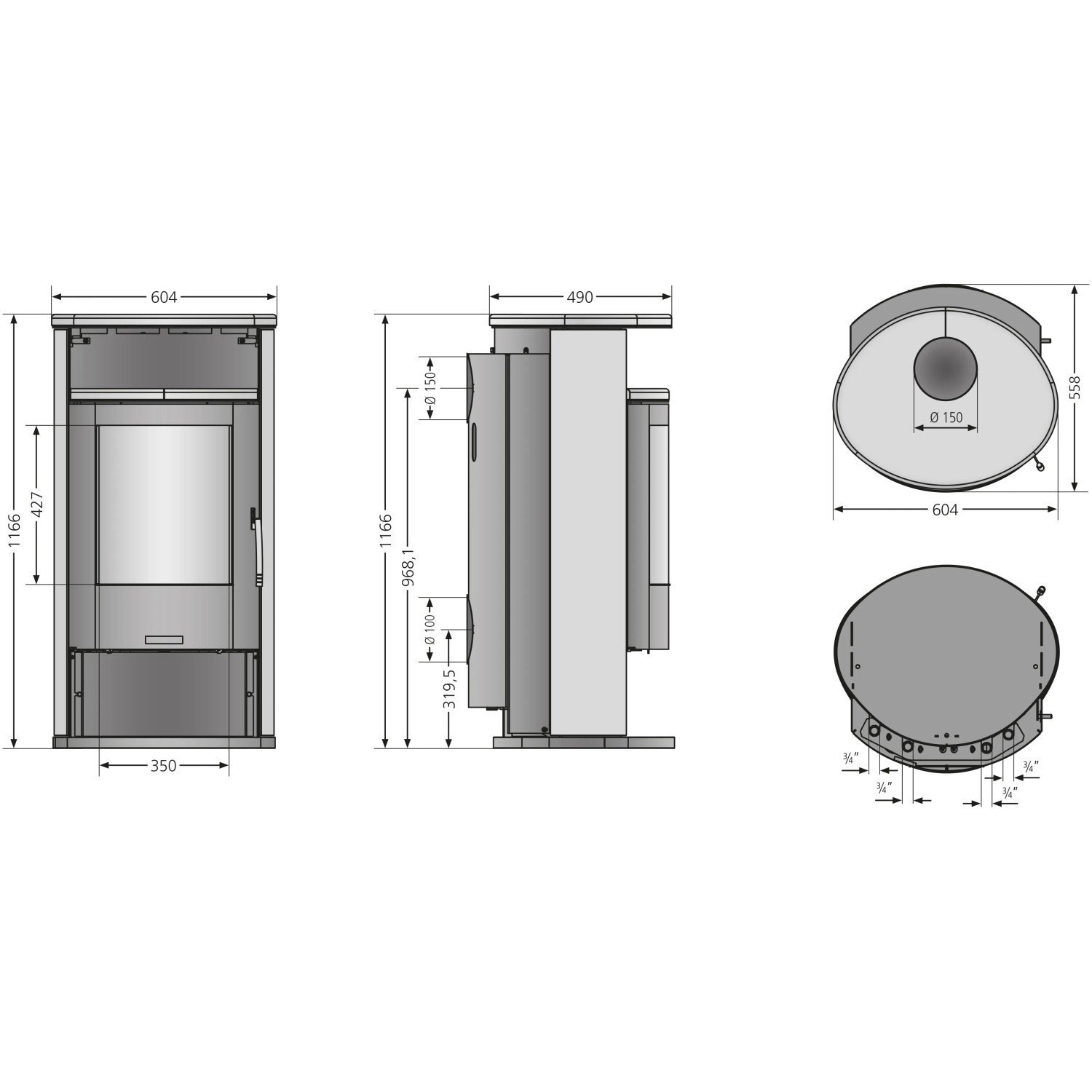 Technische Zeichnung Justus Island Aqua Kaminofen Stahl 10 kW mit Maßangaben.