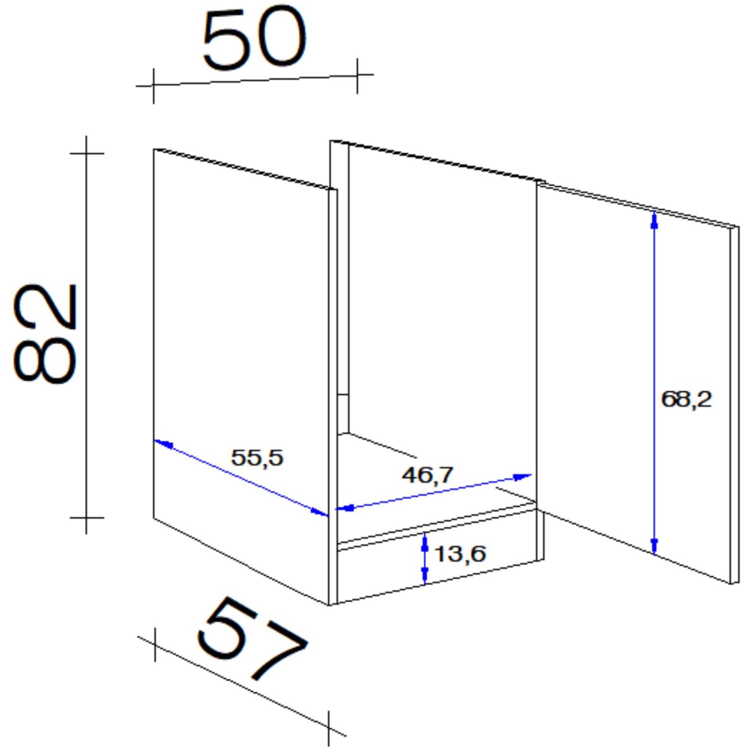 Technische Zeichnung: Flex-Well Spülenunterschrank Capri, 50 cm, schwarz matt, Endgrain Oak, Maße.