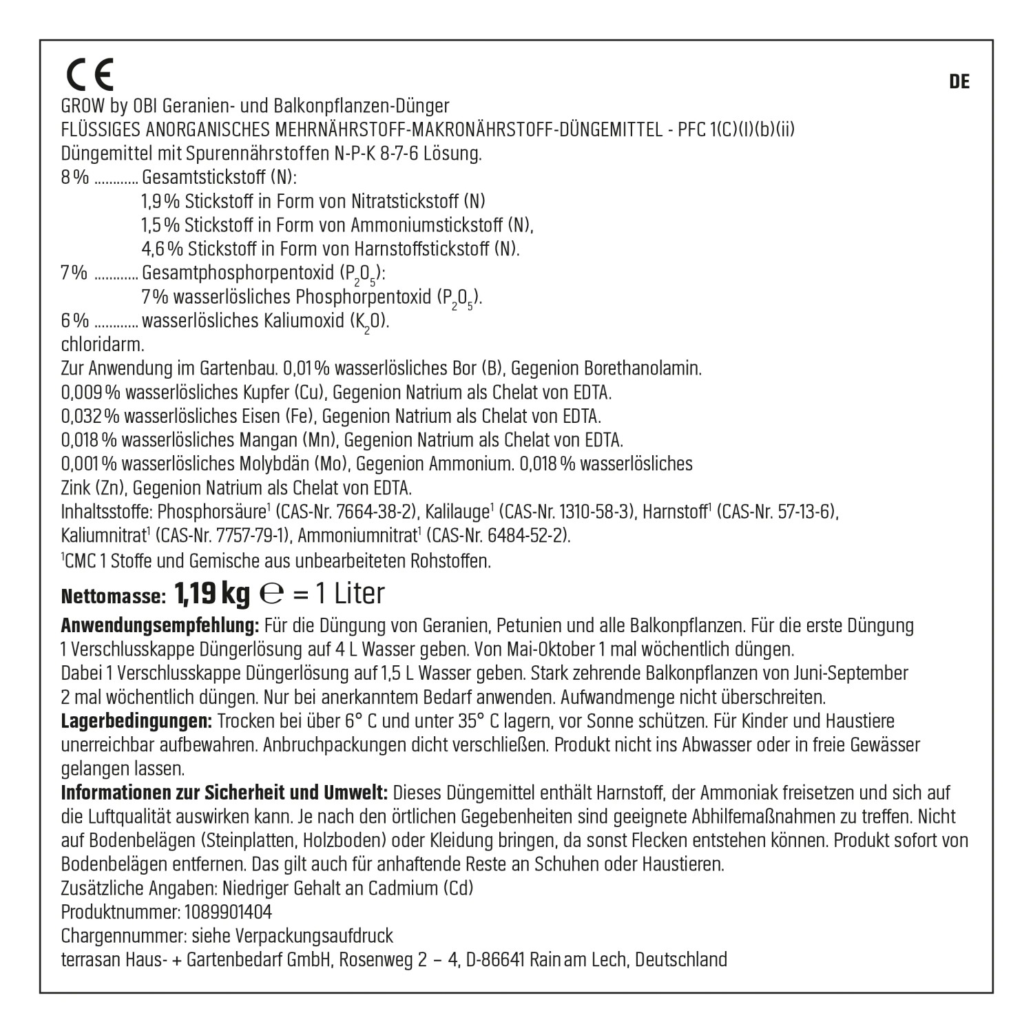 Etikett des GROW by OBI Geranien- und Balkonpflanzen-Düngers, 1l mit Anwendungs- und Sicherheitshinweisen.