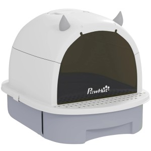 PawHut Katzenklo, weiß-grau, Kunststoff, mit transparenter Klapptür, Streu-Rückhaltepedal und Bodenschublade. Für Privatsphäre.