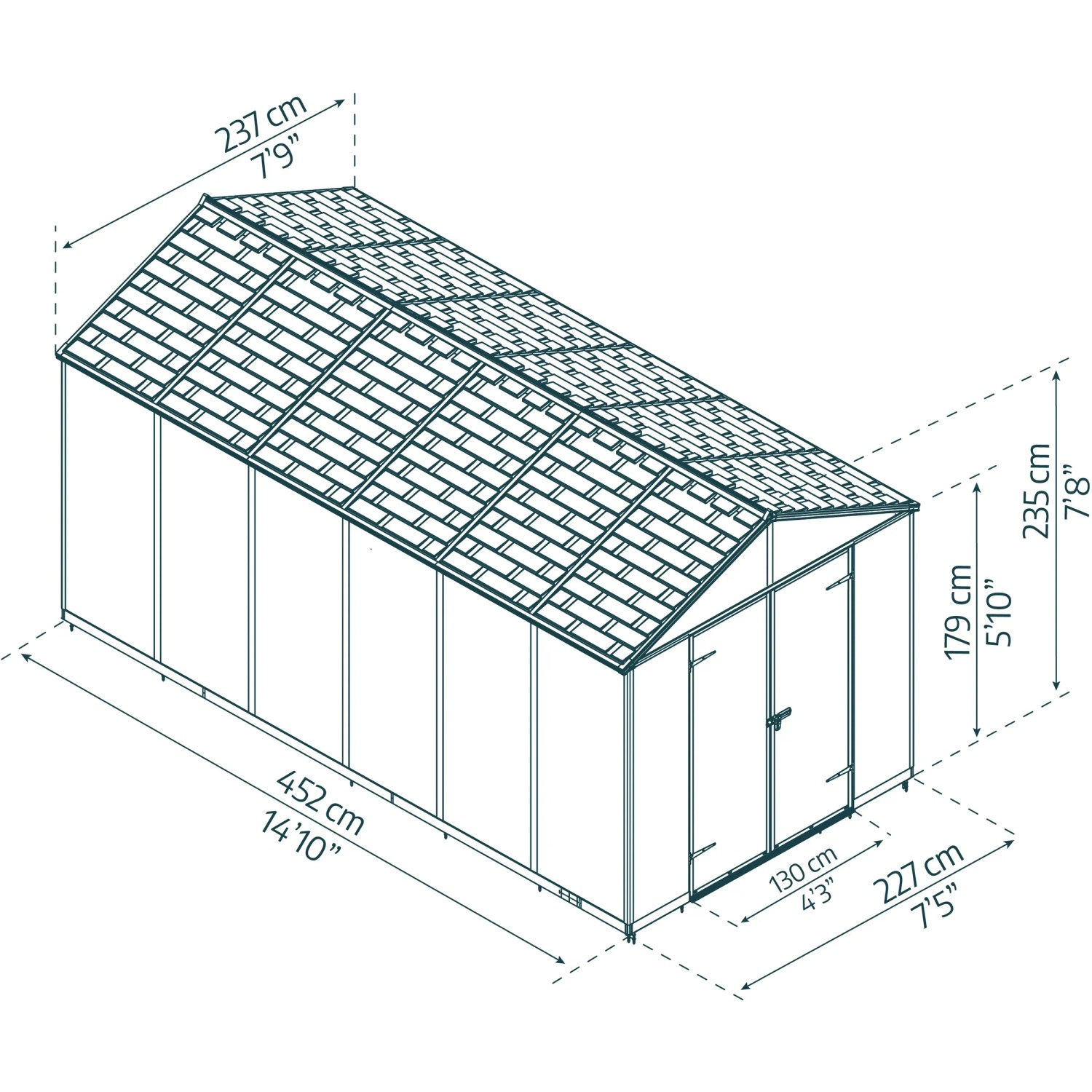 Draufsicht des grauen Palram Canopia Gerätehauses Rubicon 237x452 cm mit Maßangaben.