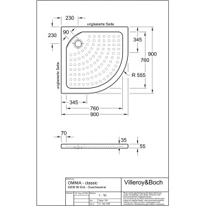 Technische Zeichnung einer Villeroy & Boch Viertelkreis-Duschwanne O.Novo, 90x90 cm, mit Maßen.