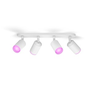 Weißer Philips Hue LED-Spot Fugato, 4-flammig mit farbiger Beleuchtung.