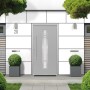 Graue Sicherheits-Haustür ThermoSpace Palermo RC2 mit Glaseinsatz und Edelstahlgriff, Ansicht von außen.